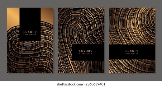 Set of templates. Luxury golden background with wood annual rings texture. Banner with tree ring pattern. Stamp of tree trunk in section. Wooden concentric circles. Black and bronze marble background