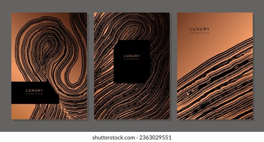 Set of templates. Luxury golden background with wood annual rings texture. Banner with tree ring pattern. Stamp of tree trunk in section. Wooden concentric circles. Black and bronze marble background