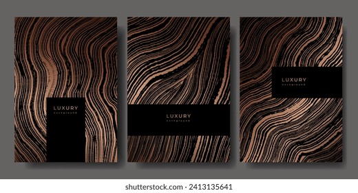 Set of templates. Luxury golden background with wood annual rings texture. Banner with tree ring pattern. Stamp of tree trunk in section. Wooden concentric circles. Black and bronze marble background