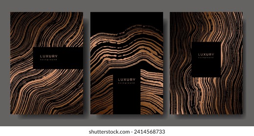 Set of templates. Luxury golden background with wood annual rings texture. Banner with tree ring pattern. Stamp of tree trunk in section. Wooden concentric circles. Black and bronze marble background