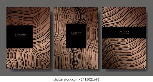 Set of templates. Luxury golden background with wood annual rings texture. Banner with tree ring pattern. Stamp of tree trunk in section. Wooden concentric circles. Black and bronze marble background