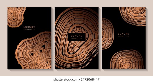 Set of templates. Luxury golden background with wood annual rings texture. Banner with tree ring pattern. Stamp of tree trunk in section. Natural wooden concentric circles. Black and bronze background