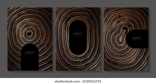 Set of templates. Luxury golden background with wood annual rings texture. Banner with tree ring pattern. Stamp of tree trunk in section. Wooden concentric circles