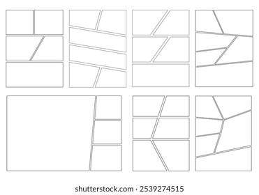 Conjunto de modelos para os painéis de mangá. Quadros e painéis de fundo de quadrinhos ou mangá, projetados para uso por artistas de mangaká ou quadrinhos. Histórias em quadrinhos ou mangá.