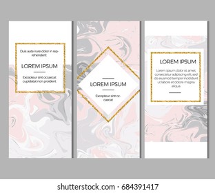 Set of templates with marble background and gold glitter decor