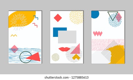 Set of templates, Memphis style, abstract graphic elements, cover, poster, brochure, white background, vector illustration