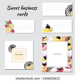 Set of templates for the menu of restaurants, cafes, bakeries. Collection of vector elements. Cakes, berries, cream, chocolate, marshmallows.