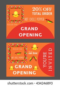Set of templates for Mexican restaurant. Design idea of leaflet with letterhead. Easy to edit text symbol element. Grand opening advertising coupon. Bonus flyer. Invitation card. Vector illustration