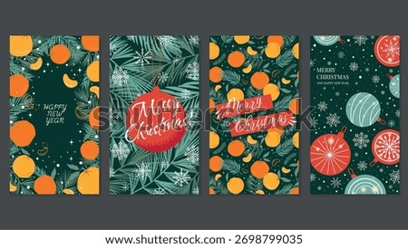 Set of templates for mobile greetings, Merry Christmas and New Year advertising banners. Colorful design with tangerines, oranges, Christmas tree branches, balls. Vector Covers for social Media