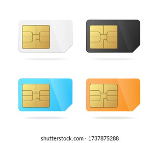 Set templates of mobile phone blank plastic sim cards with golden microchip, realistic vector illustration isolated on white background. Electronic cellular chip mockup.