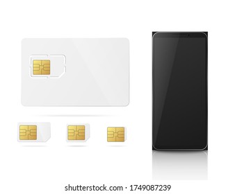 Set templates with mobile phone and sim cards, realistic vector illustration isolated on white background. Mockup for telephone communication company brand identity.
