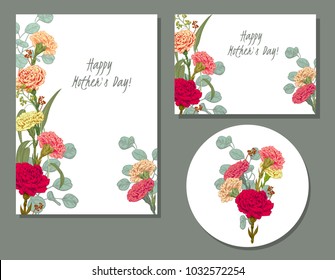 Set of templates for Mother's Day: carnation, eucalyptus silver dollar, seeded: red, pink, yellow flowers, leaves, white background, hand draw, engraving vintage sketch style, botanical vector