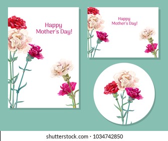 Set of templates for Mother's Day (vertical, horizontal, round): carnation schabaud: red, pink, white flowers, green leaves, white background, hand draw, vintage botanical illustration, vector