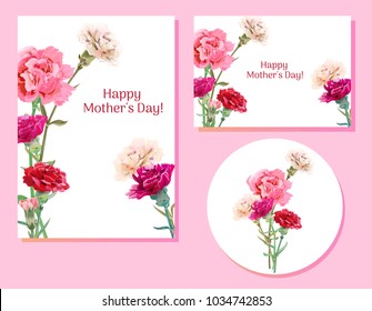 Conjunto de plantillas para el Día de la Madre (vertical, horizontal, redonda): fraude de claveles: rojo, rosa, flores blancas, hojas verdes, fondo blanco, dibujo a mano, ilustración botánica vintage, vector