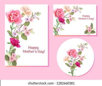 Set of templates for Mother's Day (vertical, horizontal, round): carnation, spring blossom: red, pink, white flowers, leaves, white background, vintage botanical illustration, watercolor style, vector