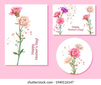 Conjunto de plantillas para el Día de la Madre (vertical, horizontal, redonda): carnation schabaud: rojo, rosa, flores blancas, hojas verdes, fondo blanco, dibujo a mano, ilustración botánica vintage, vector