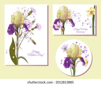 Set of templates for Mother's Day (vertical, horizontal, round): irises, daffodils (narcissus): blue, purple flowers on white background. Realistic botanical illustration in watercolor style, vector