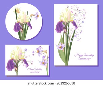 Set of templates for Mother's Day (vertical, horizontal, round): irises, daffodils (narcissus): blue, purple flowers on white background. Realistic botanical illustration in watercolor style, vector