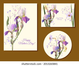 Set of templates for Mother's Day (vertical, horizontal, round): irises, daffodils (narcissus): blue, purple flowers on white background. Realistic botanical illustration in watercolor style, vector