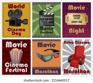 Set of templates movie posters. Vector illustration of cinema attributes on different colorful background and copy-space isolated. World Cinema day,cinemas,banners,posters,cards,print,flyers concept.