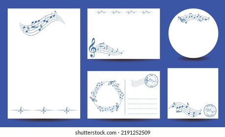 set of templates for music events - blue musical notes on white backgrounds 