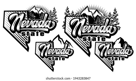 Set of templates with Nevada state and mountains. Vector monochrome illustration. Design element for business card, advertisement, invitation, website.