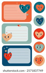 Set with templates for note cards and stickers with cute retro hearts and flowers