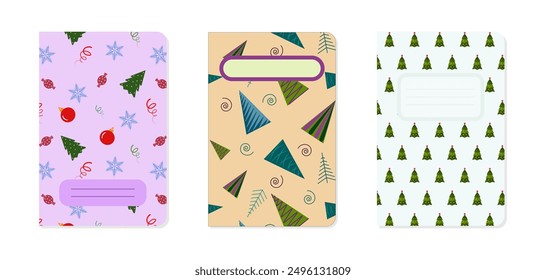 A set of templates for notebook covers with Christmas trees. New Year, Christmas. Vector graphics 