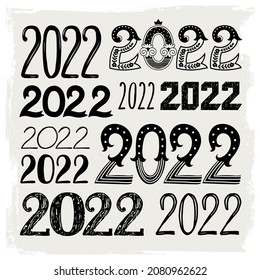 Set of templates with the number 2022. Freehand drawing. Can be used for scrapbook, banner, print, etc.