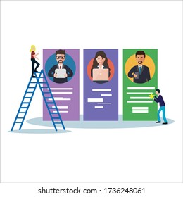 Satz von Vorlagen für Büroangestellte in klassischer Kleidung mit Laptops, weißem Hintergrund.Das Konzept einer Headhunting Agency.Vector Illustration
