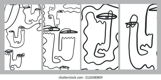 Establece plantillas con caras de una línea, caras de cubismo abstracto contemporáneo. Promoción del diseño. 