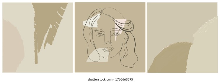 Conjunto de plantillas con un retrato de una línea de mujer con formas coloridas abstractas. Resumen de la promoción del diseño moderno. Cara simple de belleza femenina lineal. Una línea continua. 