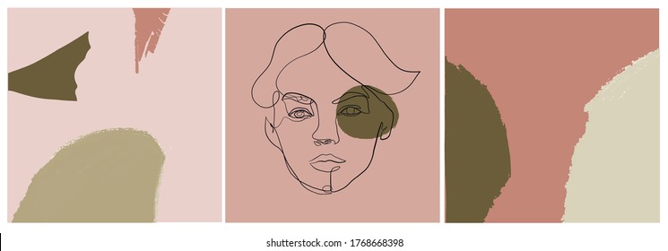 Conjunto de plantillas con un retrato de una línea de mujer con formas coloridas abstractas. Resumen de la promoción del diseño moderno. Cara simple de belleza femenina lineal. Una línea continua. 