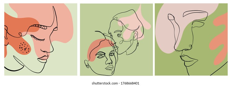 Set of templates with one line portrait of woman with abstract colorful shapes. Abstract modern design promotion. Linear female beauty simple face. One continuous line. 