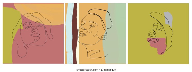 Conjunto de plantillas con un retrato de una línea de mujer con formas coloridas abstractas. Resumen de la promoción del diseño moderno. Cara simple de belleza femenina lineal. Una línea continua. 