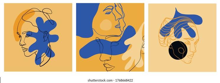 Set of templates with one line portrait of woman with abstract colorful shapes. Abstract modern design promotion. Linear female beauty simple face. One continuous line. 