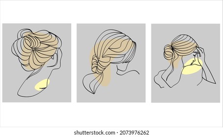 Conjunto de plantillas con un retrato de una línea de mujer con formas coloridas abstractas. Resumen de la promoción del diseño moderno. Cara simple de belleza femenina lineal. Una línea continua.