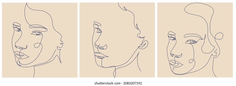 Set templates with One line woman portrait. Hand drawn abstract face.  Minimal art. Trendy style. 