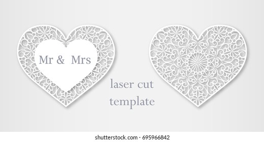 Set of templates of openwork hearts for laser or plotter cutting. Wedding invitation.