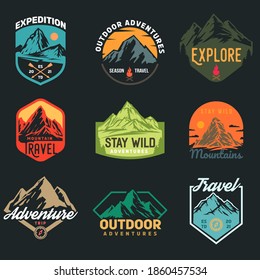 Set templates of outdoor travel, adventures with mountain different forms for badge, logo, patches or emblems in retro vintage style. Collection design concepts for tourism. Vector illustration.