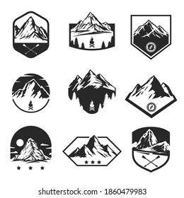 Set templates of outdoor travel, adventures with mountain different forms for badge, logo, patches or emblems in retro vintage style. Collection design concepts for tourism. Vector illustration.