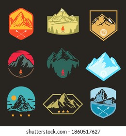 Set templates of outdoor travel, adventures with mountain different forms for badge, logo, patches or emblems in retro vintage style. Collection design concepts for tourism. Vector illustration.