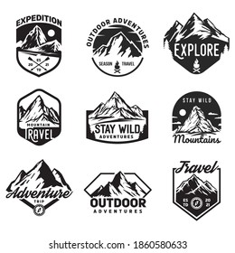 Set templates of outdoor travel, adventures with mountain different forms for badge, logo, patches or emblems in retro vintage style. Collection design concepts for tourism. Vector illustration.