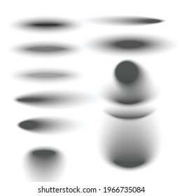 Set templates of oval and round shadows with soft edges, realistic vector illustration isolated on white background. Blurred shadow contours and silhouettes.