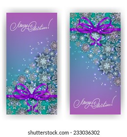 Set of templates with paper snowflakes, shiny stars, ribbon, bow for New Year's greeting card, invitation, congratulation. Christmas festive background. Vector illustration EPS10. 