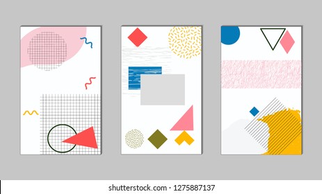 Set of templates, pattern, Memphis style, abstract graphic elements, cover, poster, brochure, white background, vector illustration