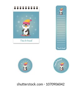 A set of templates. Penguin in a hat is skiing. Stationery, souvenir, gift products. Notepad, bookmark, sticker. Vector stock illustration. Children's drawing in cartoon style. Lovely funny image.