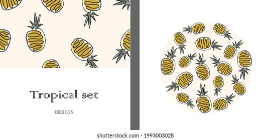 set of templates with pineapples for the design of business cards, brochures, cards, cards, posters, posters