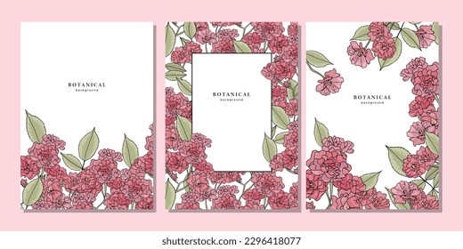 Set of templates with pink damask roses on white background. Pattern with wild roses and leaves. Frame design with floral elements for banner, poster, placard, flyer, cover. Flower border