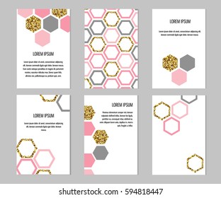 Set of templates with pink and gold glitter hexagons and place for text